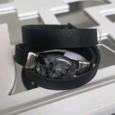 Handcrafted Black Leather Wrap Bracelet Adjustable Cord Oval Accent