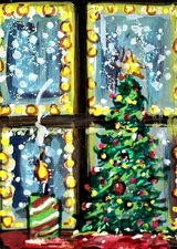 ACEO Original PAINTING Xmas TREE Window Candle Winter Snow Landscape ATC ART