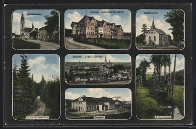 AK Adorf i. Vogt., Leipziger Heilanstalt, Bahnhof, Trinitatiskirche 