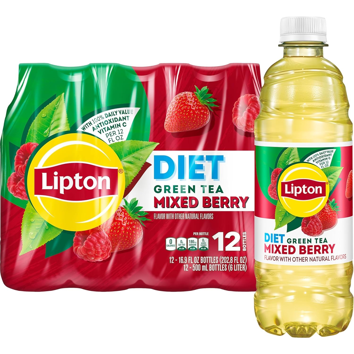 Lipton Diet Mixed Berry Green Tea, 16.9 Fl Oz Bottles (Pack 