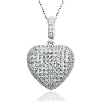Suzy Levian Heart Pendant Necklace Women Sterling Silver Pave Cubic Zirconia 18''