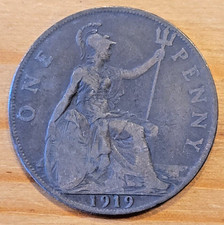 1919 King George V One Penny 1d coin - F.