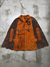 Vintage Suede Leather Poncho Cape Western Boho Floral Brown Made in Mexico