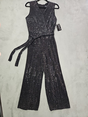 Alexa B Nites Women Black Sequin Silver Metallic Slvless Pants Jumpsuit Sz  NWT