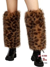 Women Faux Fur Leg Warmers Fluffy Leopard Print Long Leopard Yellowish Brown