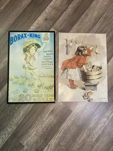 Borax is King 20 Mule & Clothes Line Tin Signs Lot/2 Vintage Theme Home Decor
