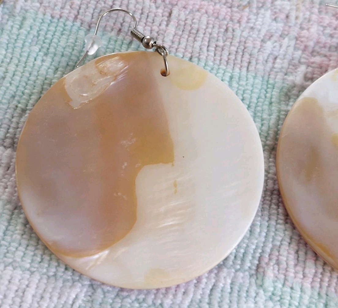 Large Thick Heavy 2" Round Shell Dangle Pierced E… - image 7