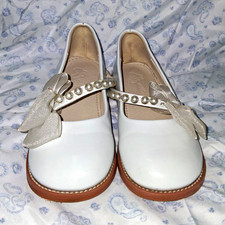 Girls White Mary Jane Flats Bow Pearl Strap Round Toe US Size 11