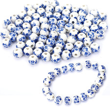 100 Pcs Ceramic Beads, 10 Mm round Porcelain Beads Handmade Porcelain Blue Flowe
