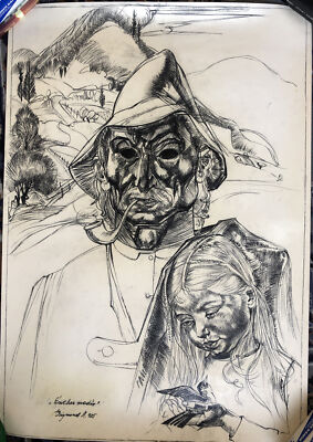 Zsigmond Attila, Songbird, Original Charcoal Drawing 1985, 28X39 