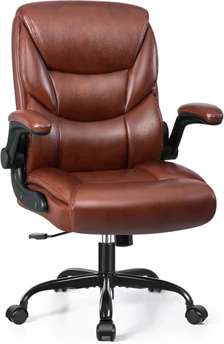 Leather Office Chair, Comfy Computer Chair with Wheels and Flip-up Armrests.