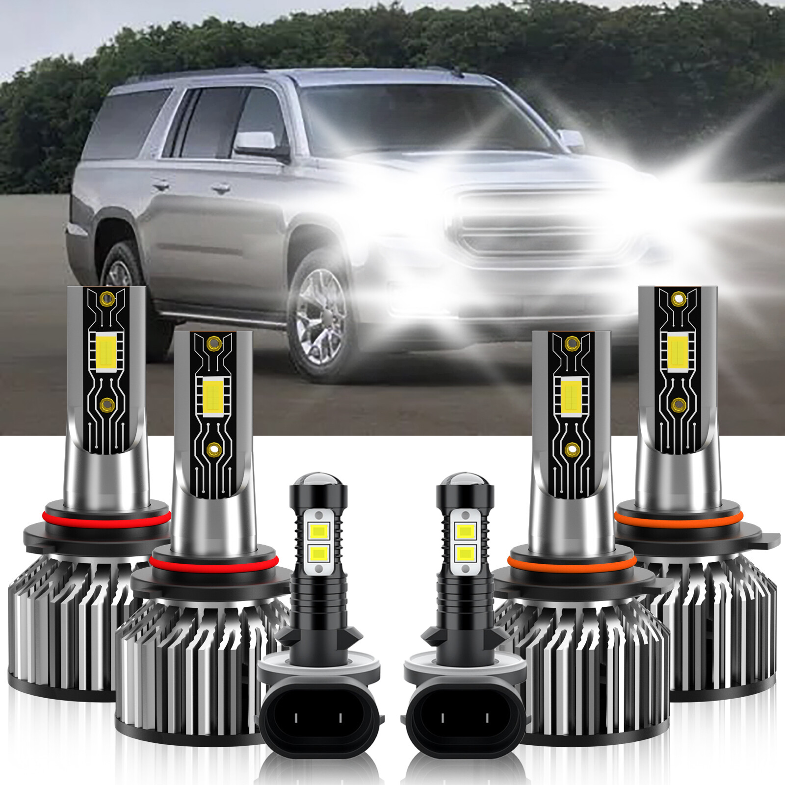 LED Headlight High/Low + Fog Light Bulbs 6500K White For GMC Jimmy 1998-2004