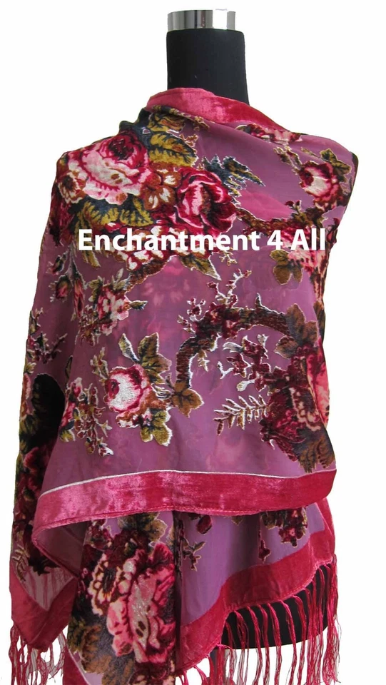 Elegante 100% Seda Terciopelo Burnout Vintage Floral Oblongo Bufanda Mantón Envoltura, Rosa Foto 3 de 4