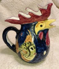 Quirky Rooster  Head Chicken Pitcher with Painted Fish