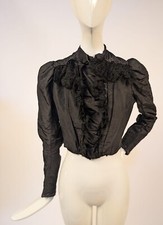 GOTHIC VICTORIAN 1890  S BLACK SILK BODICE W JET BEADING  LACE RUFFLES
