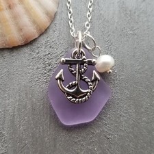 Handmade in Hawaii, "Magical Color Changing" purple sea glass necklace, anchor