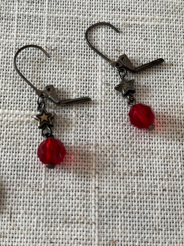 Pierced Ruby Red Dangle Bead Silver star Earrings…..