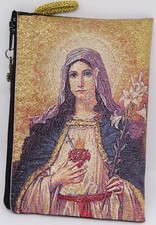 Sacred & Immaculate Hearts Tapestry Rosary Pouch + Holy Water Key Ring NEW