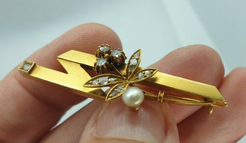 Antik! Art Deko Diamantbrosche Perle Diamantrosen  Gold 585  4,6gr. - Bild 1 von 12