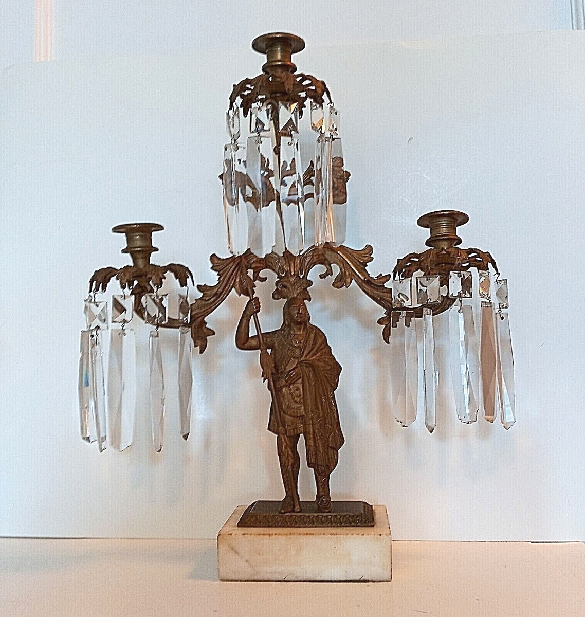 Antique Indian Warrior Figure Gilt Bronze Girandole Candle Holder