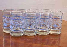 Set of 8 Vintage Libby Crisa Juice Glasses Blue Floral 4” 