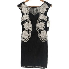 Aidan Mattox Dress Sheath Women Size 2 Black Lace White Beaded Sleeveless New