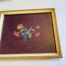 Framed Floral In Basket Needlepoint Burgundy Cottagecore