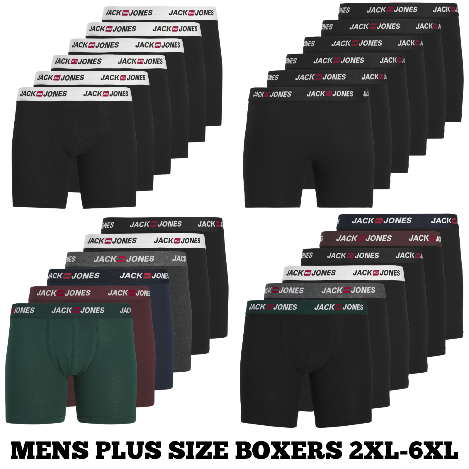 Paquete de 6 calzoncillos boxer elásticos talla grande Jack & Jones para hombre 2XL-6XL