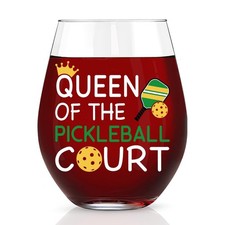 Queen of the Pickleball Court Funny Stemless Wine Glass - Gift for Mom, Grand...