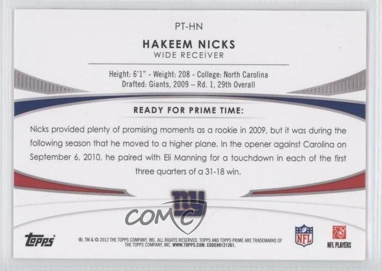 2012 Topps Prime Primetimers Hakeem Nicks #PT-HN - Image 2 of 2