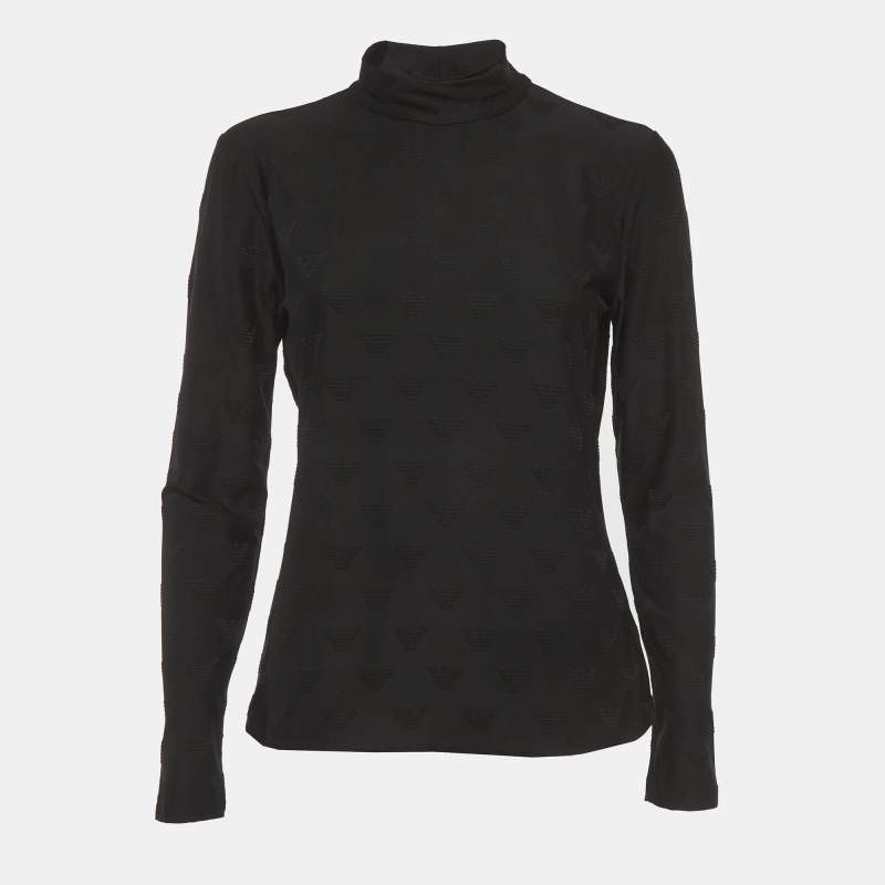 Emporio Armani Black Logo Jacquard Jersey Turtle Neck Top L