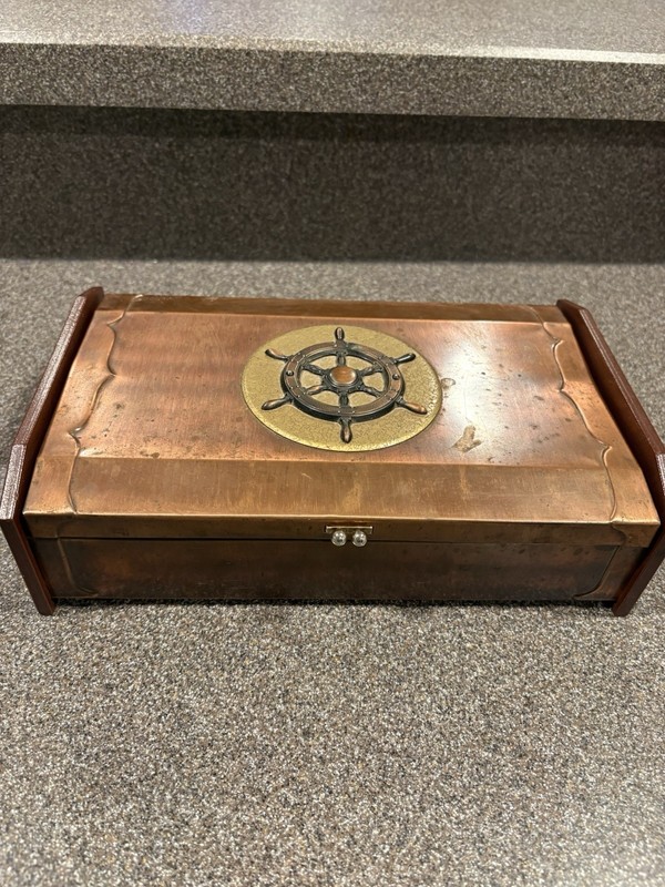 Vintage Copper Flashed Nautical Ship Wheel Divided Jewelry Box Japan Mens