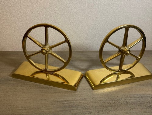 Heavy Solid Brass Wheel Bookends Pair 5lb Mid Century Modern Nautical Industrial - 第 2/12 張圖片