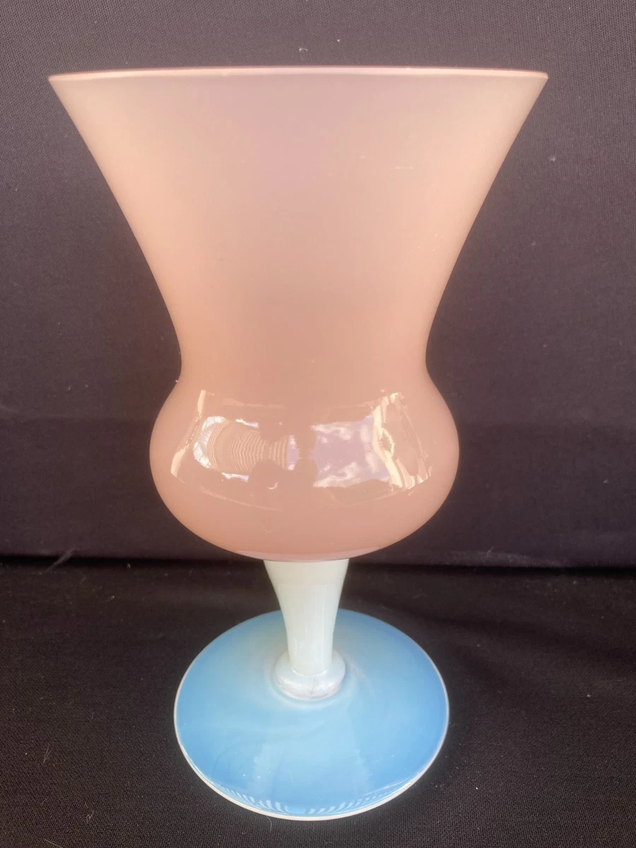 Vase Compotier Ancien En Opaline Rose Et Blanc - Italie - Tige Torsadée - Occasion En Très Bon état