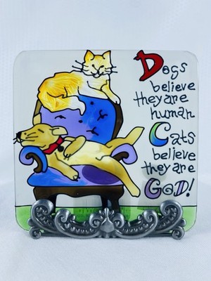 Hand Painted Glass Tile Suncatcher -JOAN BAKER DOGS/CATS MP1022 4'' x 4'' w/stand