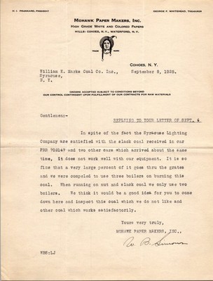 1925 Mohawk Paper Makers Letter Cohoes NY William E Marks Coal Co Syracuse NY