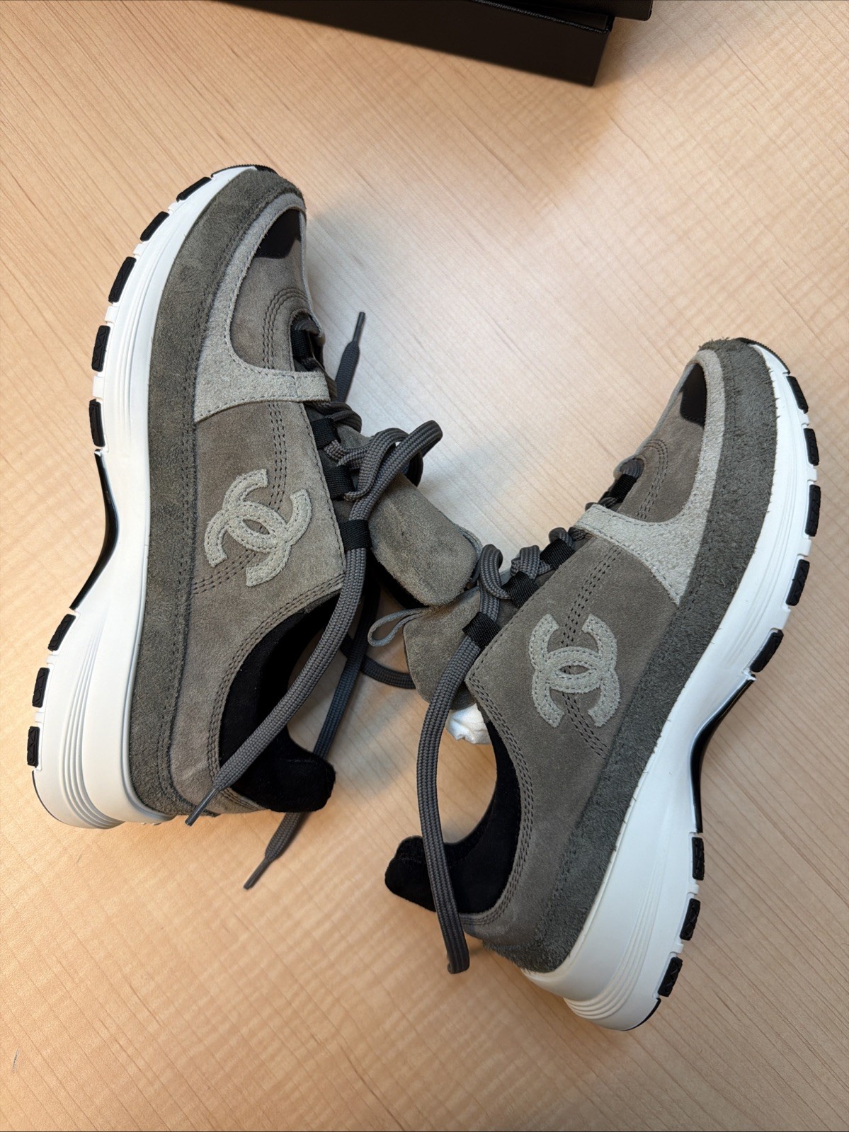 Chanel 36 Size 6 Suede Calfskin Sneaker White Dark Grey W
