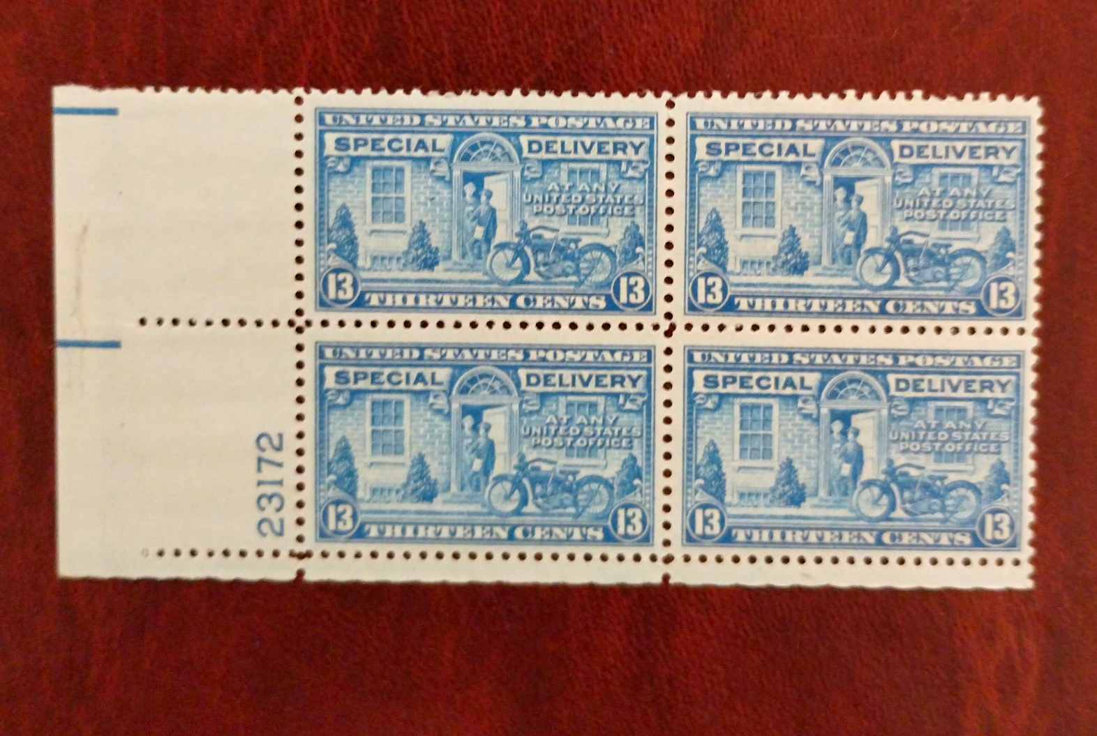 United States Special Delivery 13¢ Blue Plate Block of 4 MNH Ungraded