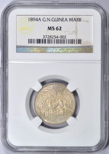 1894 GERMAN NEW GUINEA 1 MARK NGC MS62 PARADISE BIRD SCARCE COIN