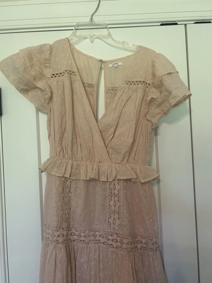 Maxi Vestido Revolve Tularosa XS Rosa Rubor Bordado en Niveles Encaje Boho Algodón Foto 4 de 4