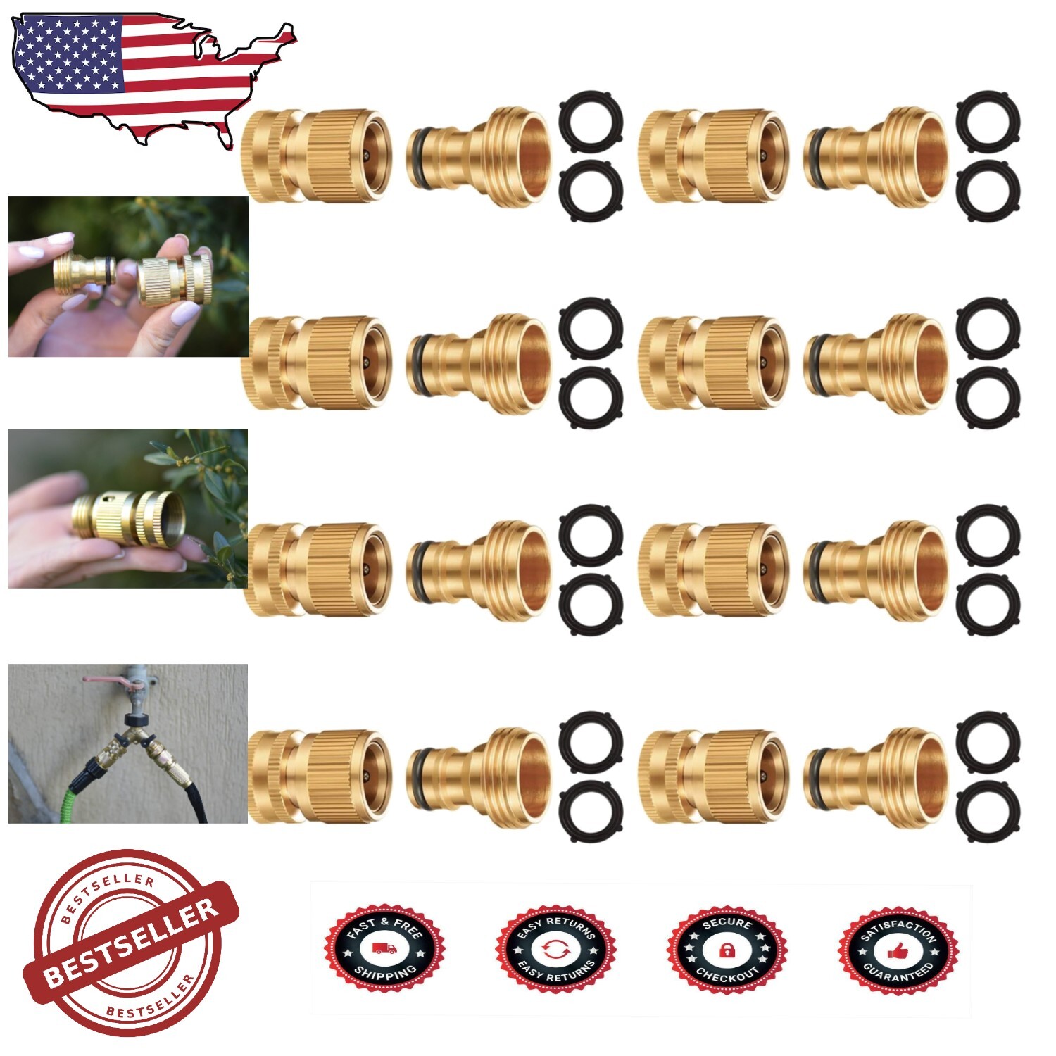 Universal 3/4 inch Brass Garden Hose Connectors - No-Leak Quick Connect Set