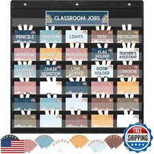 Qeeenar Classroom Jobs Pocket Chart with 96 Cards and 3 Hooks Class Managemen