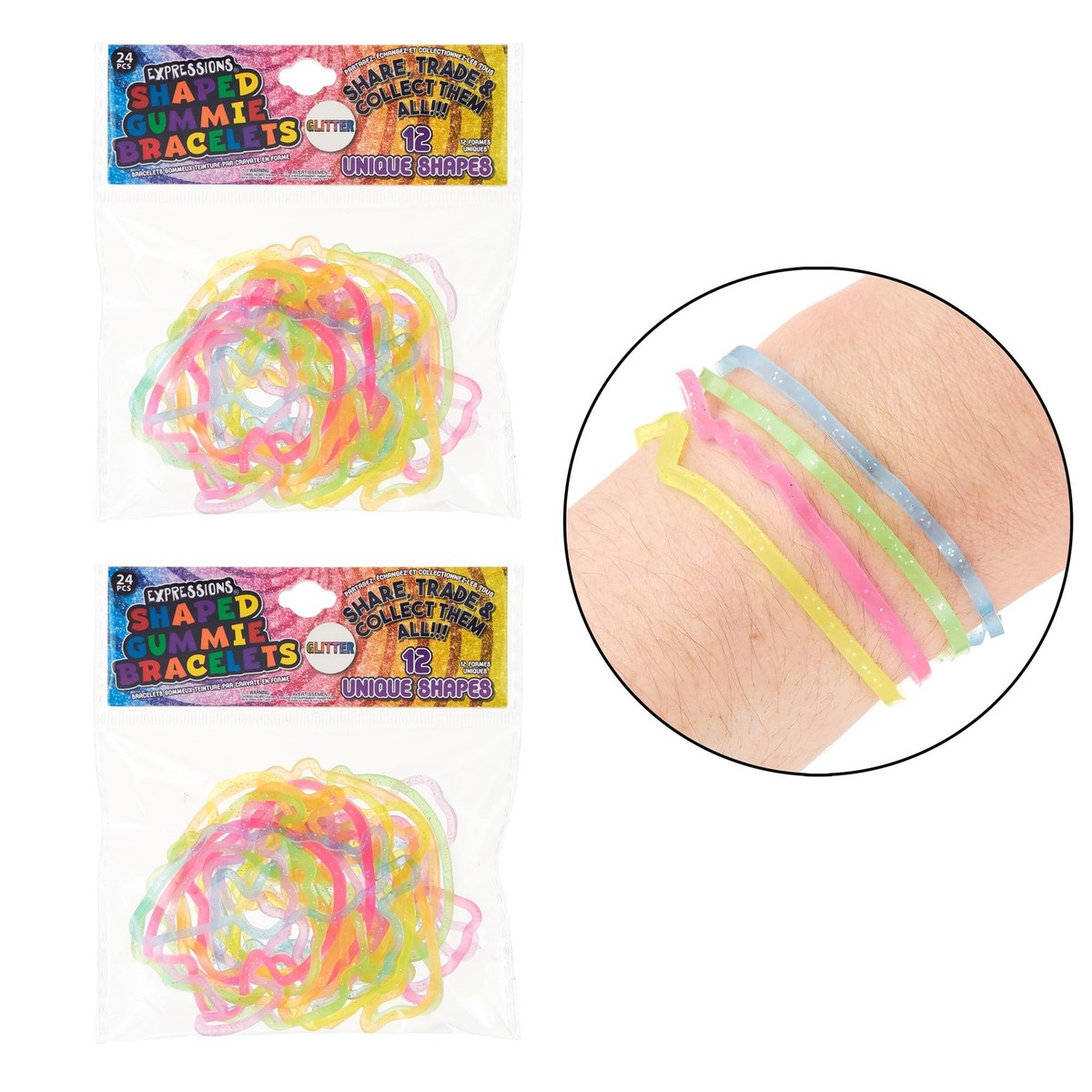 Fun Band 48-Pack Pastel Glitter Gummy Bracelets Cute Farm Animal