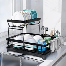 Dish Drying Rack, 2-Tier Dish Racks for Kitchen Counter, Dish Rack W/ Drainboard
