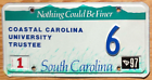 Item photo. Show Listing Details page. Listing 1997 South Carolina License Plate Number 6 Tag – Coastal Carolina University