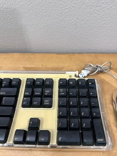 VINTAGE Apple Pro Keyboard Model M7803 Black Keys Clear Cover & Puck Mouse M5769 - Picture 4 of 13
