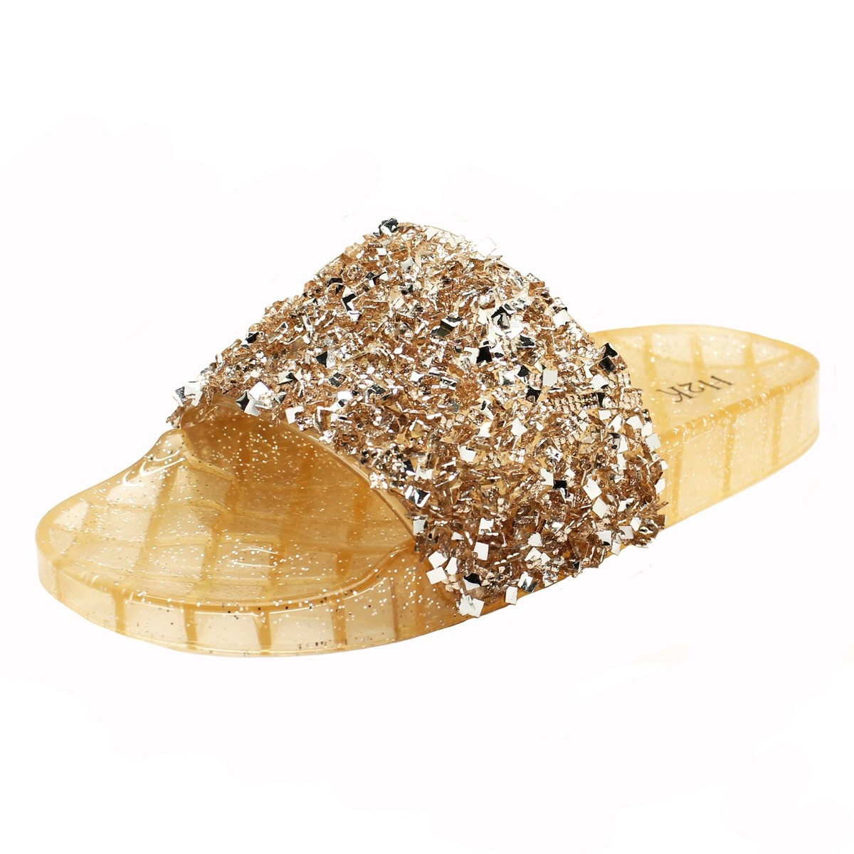 H2K CANDY Rose Gold Color Glitter Beads Fashion Slides Flip Flops Sandals  Bling