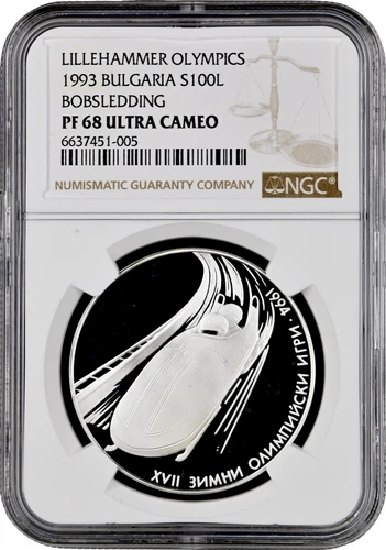 Bulgaria 100 leva 1993, NGC PF68 UC, "Lillehammer Olympics - Bobsledding" silver
