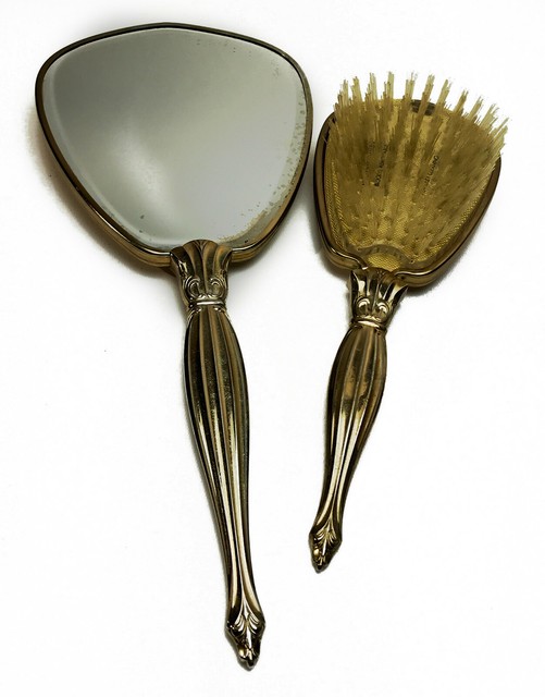 Vintage Gold tone Metal embellished Hair Brush & Mirror with Floral Applique eBay