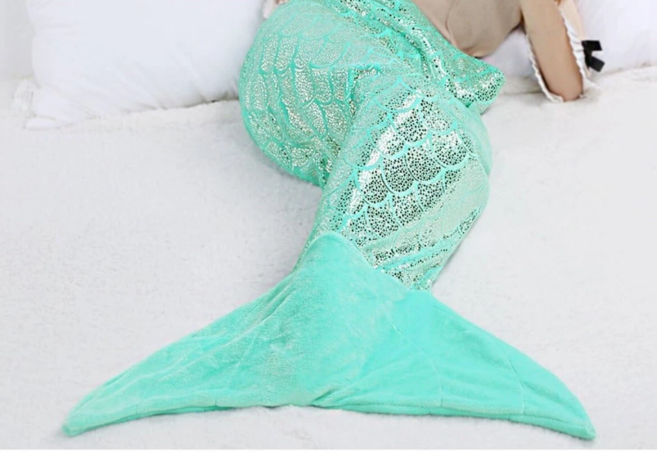 Mermaid Tail Green Large Glitter Shimmer Blanket Kids Adults Flannel Soft Girls - Image 2 of 4